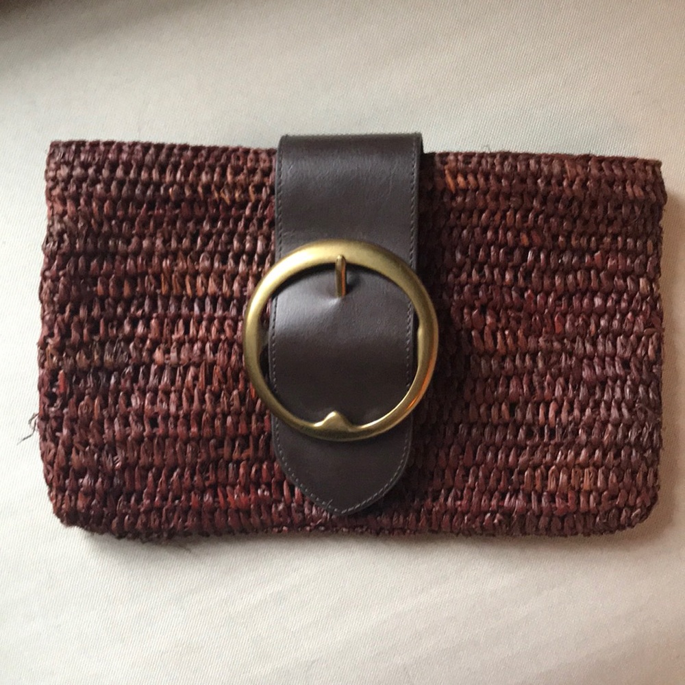 Ralph Lauren Raffia Straw Clutch Brass Buckle